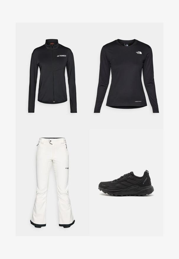 Crna Terrex jakna s dugim rukavima, visokim ovratnikom, punim prednjim patentnim zatvaračem i bijelim logotipom. Izrađena od lagane, glatke tkanine s prilagođenim krojem.; The North Face SHADOW LONG SLEEVE - Top dugih rukava - black; Bijele skijaške hlače izrađene od mekog, fleksibilnog materijala. Imaju uski struk, široke ispružene nogavice i crne obrube na manžetama. Vidljiv brend logo.; Crne atletske tenisice s teksturiranom sintetičkom gornjom površinom, vezanjem na čipke, debelim gumenim potplatom i diskretnim logotipima sa strane i na peti.