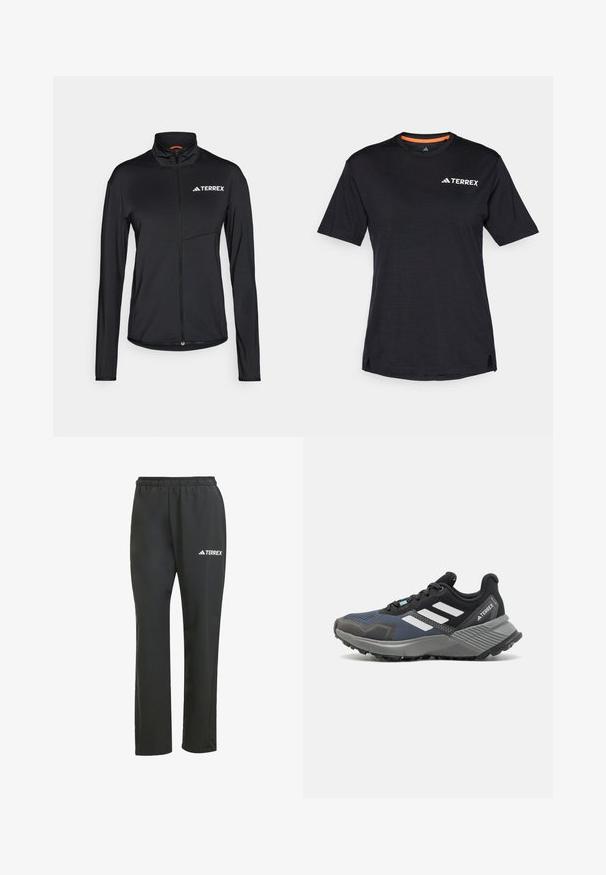 Black Terrex jacket with long sleeves, high collar, full front zipper, and white logo. Made of lightweight, smooth fabric with a fitted design.; Black short-sleeve T-shirt with round neckline, featuring a subtle heather texture and white "TERREX" logo on the upper left side.; Black lightweight pants with an elastic waistband. Features a subtle “TERREX” logo in white. Smooth fabric and straight-leg design.; Sport shoe with mesh upper in shades of black and blue. Features white stripes, grey rubber outsole, and textured midsole for traction.