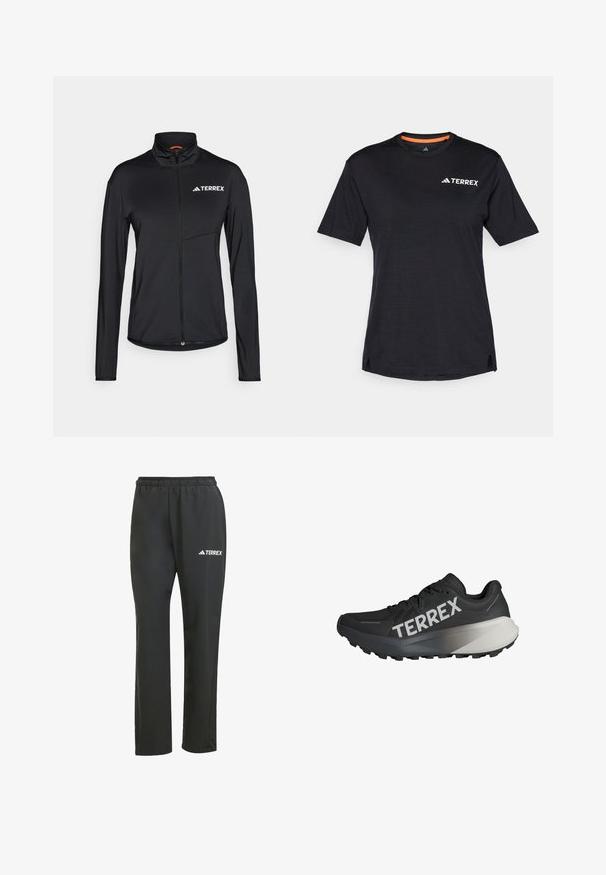 Juoda Terrex striukė ilgomis rankovėmis, aukštu kaklu, pilnu priekiu su užtrauktuku ir baltu logotipu. Pagaminta iš lengvos, lygaus audinio medžiagos su prigludusiu dizainu.; Juodas trumpas rankovės marškinėliai su apvaliu kaklu, su subtiliu melange tekstūra ir baltu "TERREX" logotipu viršutiniame kairiajame kampe.; Juodos lengvos kelnės su elastine juosta. Pabrėžia subtilų baltą „TERREX“ logotipą. Lygus audinys ir tiesus kirpimas.; Juodos bėgimo bateliai su tekstūruotu viršumi, ryškus balta "TERREX" logotipas, siaurėjantis pado dizainas ir gradientinis pilkas akcentas ant kulno.