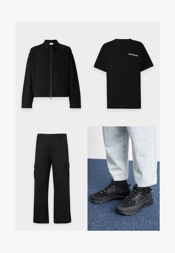 Juoda trumpa medžiaginė striukė, pagaminta iš medvilnės, su priekiniais užtrauktukais, smailiu apykakle ir šoninėmis kišenėmis. Turi ilgas rankoves ir glotnų paviršių.; Juoda medvilninė marškinėliai su trumpomis rankovėmis, apvalia apykakle ir baltu „Carhartt“ logotipu ant kairės krūtinės. Lygus paviršius, minimalistinis dizainas.; Juodi cargo kelnės su tiesiu kojų dizainu. Pagamintos iš tvirto audinio, turi dvi šonines kišenes su užsegamais dangteliais ir mygtukų užtrauktuką.; Juodi sportiniai bateliai su tekstūruota medžiaga ir guminiais padais, su elastingomis raišteliais ir mėlynu akcentu ant kulno. Dėvimi su šviesiai mėlynomis džinsinėmis kelnėmis.