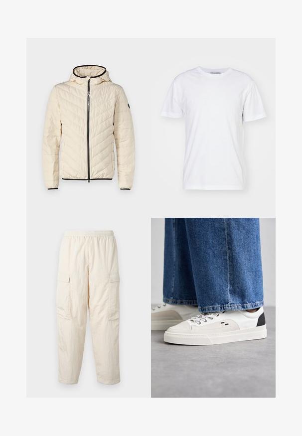 Pamuotas béžinis džemperis su horizontaliai siuvinėtu raštu, juoda užtrauktuku ir gobtuvu. Yra elastinės rankovės ir logos detalė ant rankovės.; Balta medvilnė marškinėliai su apvalia iškirpte, trumpomis rankovėmis ir tiesiu siluetu. Be raštų ar dekoracijų, lygi tekstūra ir paprastas dizainas.; Bežinės cargo kelnės su elastinga juosta, turinčios dvi šonines kišenes ir minkštą, lengvą medžiagą. Susiglamžiusi tekstūra.; Balti ir balti sportbačiai su lygaus odos paviršiumi, tekstūruotais akcentais ir masyviu baltu padu. Turi klasiką primenančią raištelių užsegimo sistemą.
