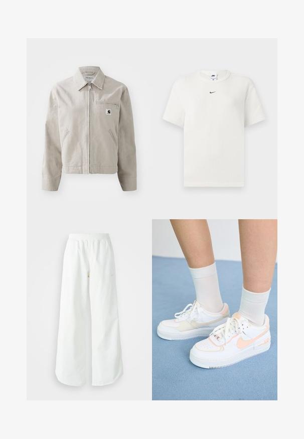 Helehallist puuvillane jakk, millel on tõmblukk, terav krae ja kaks küljetaskut. Sisaldab rinnataskut, millel on tõmblukk ja brändi silt.; Valge soonikline T-särk ümmarguse kaelusega ja lühikeste varrukatega. Ees on väike must Nike logo. Tekstuuriga kangas ja sobiv kujundus.; Valged laiad spordipüksid, ribadega vöökoht ja diskreetne logosümbol. Sile kangas, lõdvestatud istuvus ja kitsenev ääreosa.; Valged tossud virsiku aktsentidega, siledast nahast ülemine osa, perforatsiooni mustri pool, tekstureeritud talla ja paeltega. Kantud valgete lühikeste sokkidega sinisel pinnal.