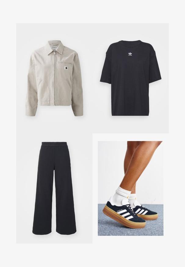 Svijetlosiva pamučna jakna s patentnim zatvaračem sprijeda, šiljastim ovratnikom i dva bočna džepa. Ima džep na prsima s patentnim zatvaračem i brendiranu oznaku.; Črna bombažna majica s kratkimi rokavi in okroglo ovratnikom, ki na prsih prikazuje bele Adidasove logotip. Enostaven dizajn, sproščen kroj.; Črne široke trenirke iz mehkega blaga, z elastičnim pasom in majhnim logotipom na levi strani.; Črni antilop superge z belimi črtami in poudarki, okrogel prst, gumijasti podplat, kombinirane z belimi rebrastimi nogavicami.