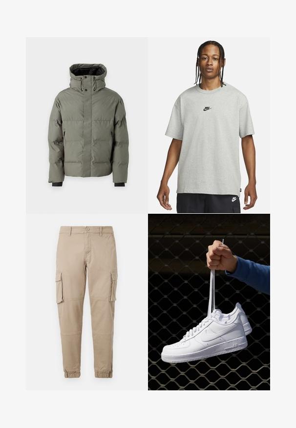 Pufferjack in oliiegroen, met een hoge kraag, ritszakken aan de zijkant en elastische manchetten. Gladde textuur en gewatteerd ontwerp.; Jong persoon met gevlochten haar, gekleed in een lichtgrijs Nike T-shirt en zwarte Nike shorts tegen een effen witte achtergrond.; Beige cargobroek van lichtgewicht katoenen materiaal. Kenmerkend zijn de elastische boorden, meerdere zijzakken en een knoopsluiting.; Witte leren sneakers met perforaties, ronde neus, vlakke zool en dikke veters, met een zichtbare swoosh-logo en "AIR" op de hiel.