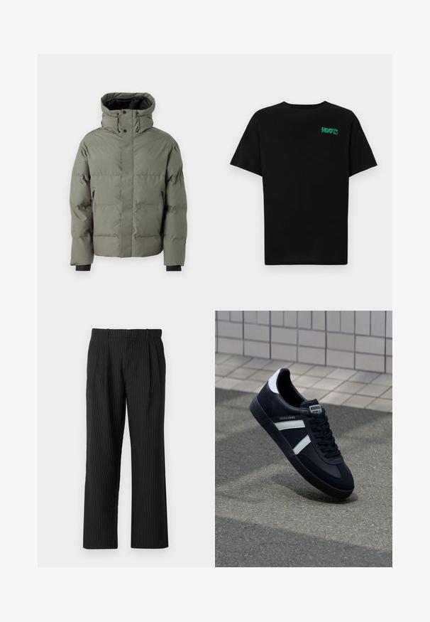 Bunda typu puffer v olivové zelené barvě, s vysokým límcem, zipovými bočními kapsami a elastickými manžetami. Hladký povrch a polstrovaný design.; Černé tričko vyrobené z bavlny s krátkým rukávem. Na přední straně se nachází zelené logo "ROOTS", kulatý výstřih a standardní střih.; Jack & Jones JPSTBILL JJDAYTONA WIDE - Kalhoty - black; Černé kožené tenisky s bílými pruhy, texturovanou gumovou podrážkou a šněrováním vpředu. Obsahují značenou etiketu na jazyku.