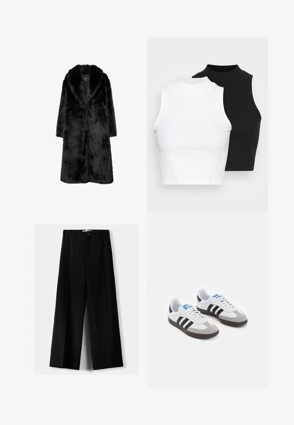 Zwarte nepbontjas met een brede kraag, lange mouwen en een middellange snit. Zachte textuur met een glanzende afwerking, zonder zichtbare sluitingen.; Twee mouwloze ribgebreide coltruien in zwart en wit, met een slim fit ontwerp en een gladde textuur, met een cropped lengte.; Zwarte wijde broek van lichtgewicht stof, met een knoopsluiting aan de voorkant en een vlakke achterkant, afgewerkt met keurig gestikte zoom.; Sportschoenen met een witte leren bovenkant, grijze suède neus en drie zwarte strepen. Bevat een blauw logo op de tong en een gestructureerde rubberen zool.