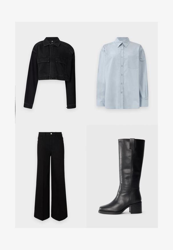 Black cropped denim jacket with long sleeves, front zipper closure, and two chest pockets. Features contrast stitching and classic collar design.; Light blue long-sleeve button-up shirt with pointed collar and chest pocket, laid flat on a white background.; Black wide-leg jeans made of sturdy fabric, featuring a high waist, front pockets, and a front button closure. Flat hem at the bottom.; Black leather knee-high boots with a smooth texture, square toe, block heel, and side pull tab, featuring minimal stitching details.