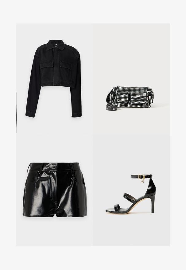 Černá zkrácená džínová bunda s dlouhými rukávy, předním zipovým uzávěrem a dvěma náprsními kapsami. Obsahuje kontrastní švy a klasický límec.; Černá kožená košile s knoflíkovou přední částí, špičatým límcem a dvěma náprsními kapsami. Vyznačuje se volným střihem a hladkou texturou.; Černé lesklé kraťasy vyrobené z umělého materiálu. Obsahují přiléhavý pas, poutka na opasek a přední kapsy s výraznými švy.; Černé lakované kožené sandály se třemi pásky, sponou na kotníku a 10 cm jehlovým podpatkem. Obsahují zlaté kovové detaily a logo přívěsek.; Černá kabelka zdobená stříbrnými kulatými cvočky, s obdélníkovým tvarem, přední kapsou na zip a nastavitelným popruhem. Logo viditelné.