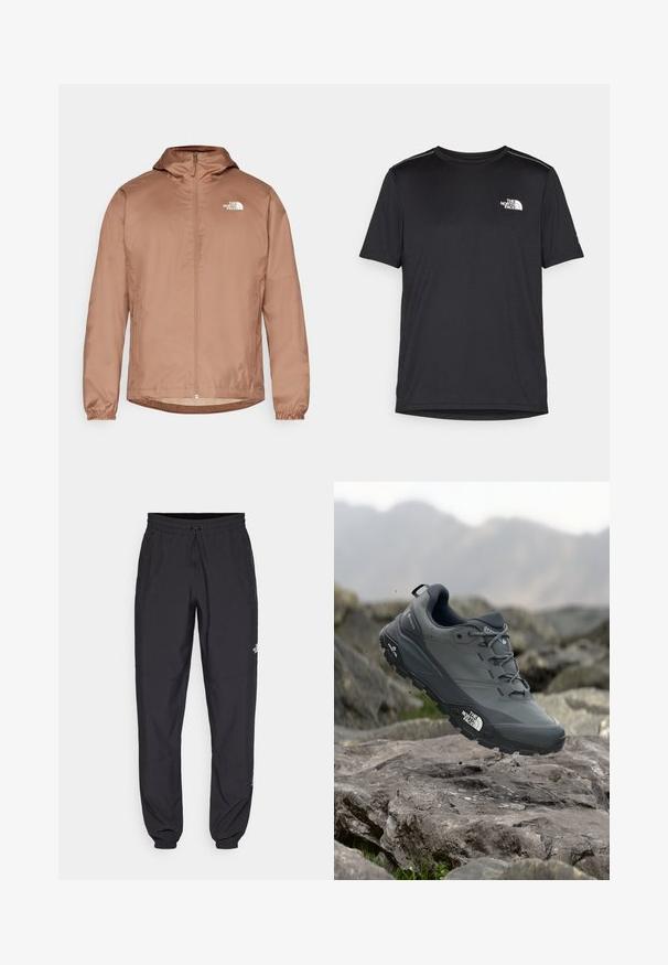 Casaco leve castanho com capuz, fecho de zíper frontal, punhos elásticos e logótipo branco no canto superior esquerdo. Material liso e resistente à água.; T-shirt preto de manga curta feito de um tecido leve. Apresenta um pequeno logo branco ao lado esquerdo do peito e detalhes subtis nos ombros.; Calças atléticas pretas feitas de tecido leve, com um cós ajustável por cordão, bolsos laterais e punhos afunilados nos tornozelos.; Sapatilha de corrida em trilhos cinza com um cabedal texturizado, sola de borracha durável e ponteira reforçada. Apresenta atacadores e o logótipo da marca de lado.