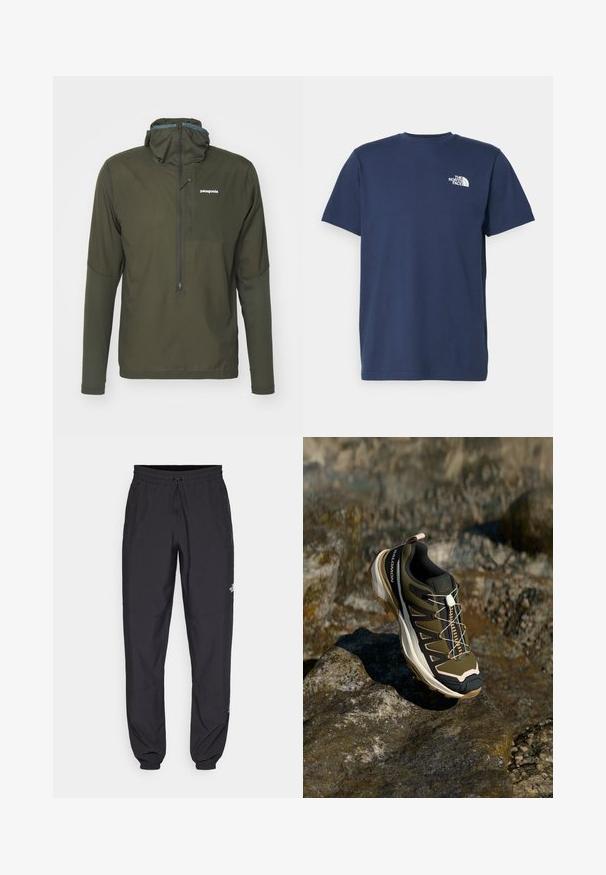 Patagonia AIRSHED PRO - Neperpučiamoji striukė - pine needle green; Tamsiai mėlynas medvilninis marškinėliai trumpomis rankovėmis ir apvaliu iškirpimu. Pirmame kišenėje kairėje krūtinės pusėje yra mažas baltas logotipas. Lygi tekstūra.; Juodos sportinės kelnės, pagamintos iš lengvos medžiagos, su raišteliu liemens srityje, šoniniais kišenėmis ir siaurėjantys apykaklės prie kulkšnies.; Žygio batai olivų žalios ir juodos spalvos su rožiniais akcentais. Turi tekstūruotą viršutinę dalį, lankstų pado tipą, sustiprintą pirštų dalį ir spalvingą raištelių sistemą.