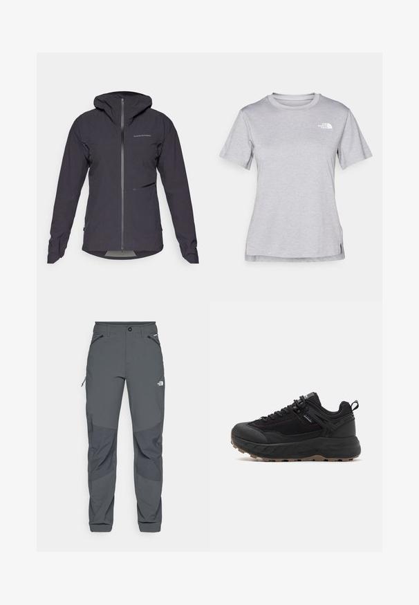 Peak Performance COMMUTER HIPE - Regenjacke / wasserabweisende Jacke - black; Graues T-Shirt mit kurzen Ärmeln aus weichem, feuchtigkeitsableitendem Stoff. Hat einen Rundhalsausschnitt und ein kleines weißes Logo auf der oberen linken Seite.; Dunkelgraue Outdoor-Hosen mit verstärkten Kniebereichen, seitlichen und vorderen Taschen mit Reißverschluss, Knopfverschluss und dem The North Face-Logo auf dem Oberschenkel.; Schwarze Sportschuhe mit einem Obermaterial aus strukturiertem Leder und Stoff, gemusterter Sohle, verstärkter Zehenkappe und verstellbarem Schnürsystem.