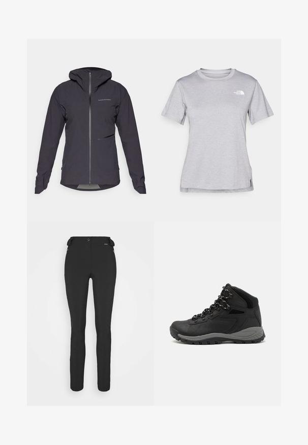 Peak Performance COMMUTER HIPE - Impermeabile - black; T-shirt grigio a maniche corte realizzato in morbido tessuto traspirante. Presenta un collo tondo e un piccolo logo bianco nella parte superiore sinistra.; Pantaloni neri aderenti realizzati in materiale flessibile. Presentano una tasca laterale con zip, ginocchia articolate e una texture liscia.; Stivale da trekking nero con design a metà altezza, dotato di una tomaia texturizzata, accenti grigi e suola in gomma resistente con tasselli per la trazione.