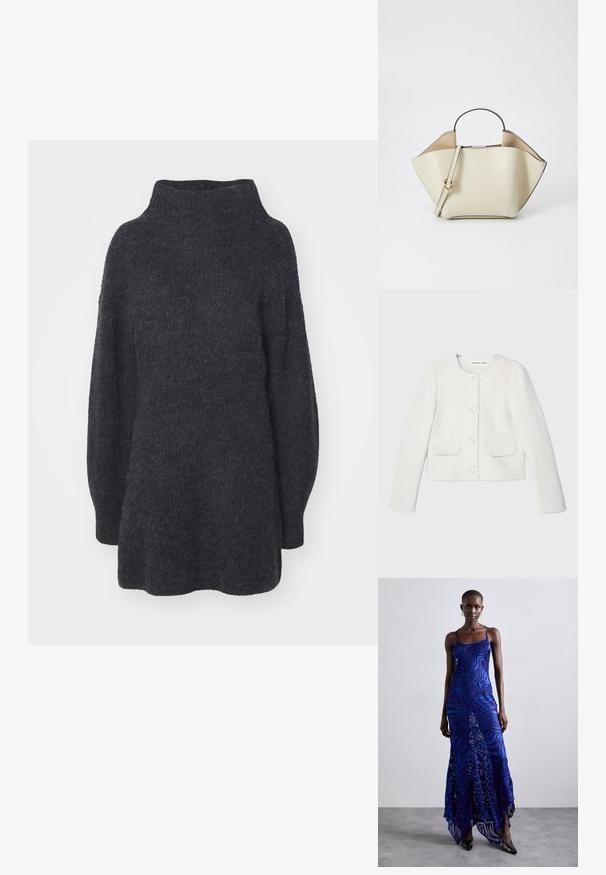 Weißer, kurzer Blazer aus strukturiertem Stoff, mit Rundhalsausschnitt, langen Ärmeln, zwei Vorderstaschen und dekorativen Knöpfen.; Dunkelgrauer Rollkragenpullover aus strukturiertem Strickmaterial, mit langen Ärmeln und einem locker sitzenden Design mit leicht ausgestellt geschnittenem Saum.; Maxikleid im blauen und lila Tiermuster mit dünnen Trägern, einem taillierten Oberteil, ausgestelltem Saum und transparenten Überlagerungen.; Ree Projects ANN - Handtasche - beige
