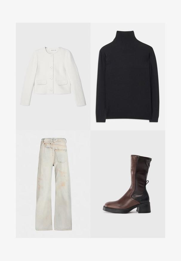White cropped jacket made of textured fabric, featuring round neckline, long sleeves, two front pockets, and decorative buttons.; Black turtleneck sweater made of soft fabric. Features long sleeves, a high neck, and ribbed cuffs and hem for a fitted look.; MM6 Maison Margiela PANTS POCKETS - Straight leg jeans - light blue; Brown leather ankle boot with a block heel, featuring black accents, stitching details, and a rounded toe design.