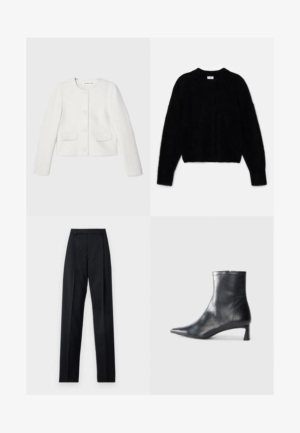 Weißer, kurzer Blazer aus strukturiertem Stoff, mit Rundhalsausschnitt, langen Ärmeln, zwei Vorderstaschen und dekorativen Knöpfen.; Schwarzer, kurzer Pullover aus plüschigem Material. Mit einem runden Ausschnitt und langen Ärmeln mit einer weichen Textur. Minimalistisches Design, keine Muster.; Schwarze Hosen aus glattem Stoff mit hoher Taille, weitem Bein, vorderen Falten und klassischen Gürtelschlaufen. Keine sichtbaren Seitentaschen.; Schwarze Lederstiefelette mit spitzer Zehe und schlankem Design. Verfügt über einen niedrigen Absatz und einen Reißverschluss hinten. Glatte Textur.