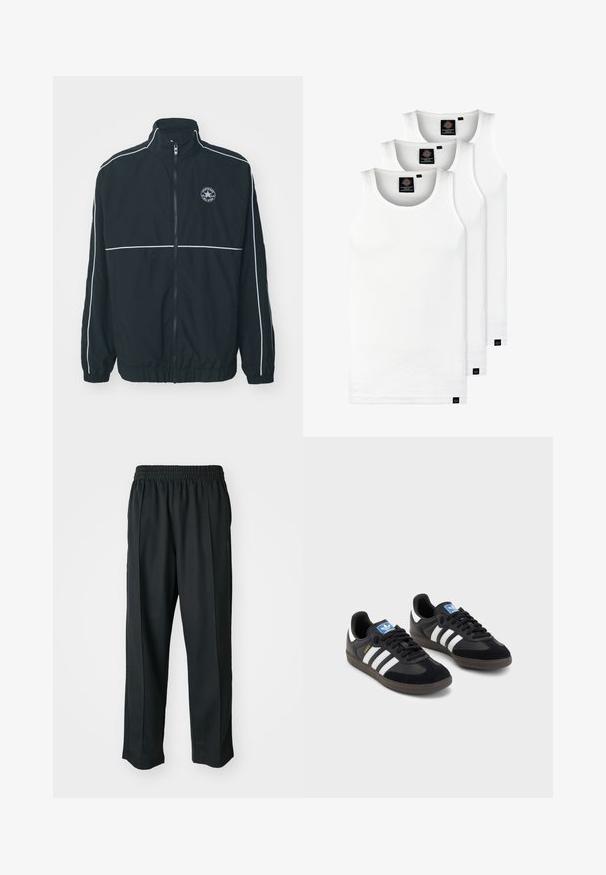 Converse RETRO CHUCK ELEVATED JACKET - Windbreakers - black; Tre hvide ribbede tanktops lavet af bomuld. Har en rund hals og små sorte mærker nær sømmen. Fås i flere størrelser.; Sorte træningsbukser med elastisk talje, lavet af glat stof, med diskrete sidesyninger og en afslappet pasform, lige ben design.; Sorte sneakers med en overdel i ruskind og syntetisk materiale, med tre hvide striber, struktureret gummisål og en blå logoetiket på tungen.