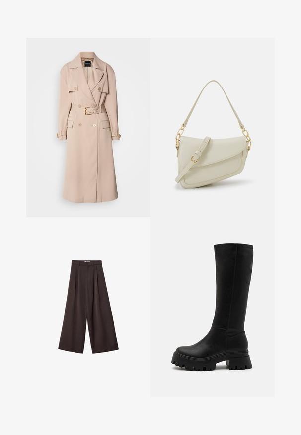 Manteau trench beige à double boutonnage, avec larges revers, taille ceinturée et poches latérales. Présente des détails en métal doré et une texture lisse.; Pull en tricot blanc avec un col zippé mi-haut, des manches larges et un ourlet côtelé. Présente un tissu texturé pour une dimension supplémentaire.; Pantalons larges noirs à taille haute, dotés de pli devant et d'une fermeture à bouton à la taille, fabriqués en tissu lisse.; Bottes noires arrivant aux genoux en simili cuir, dotées d'une semelle en caoutchouc épaisse avec des rainures profondes, d'une surface lisse et de détails de couture minimaux.; Petit sac à main crème avec une finition texturée, une longue sangle réglable, un accent en chaîne et une fermeture à rabat. Détails en matériel doré.