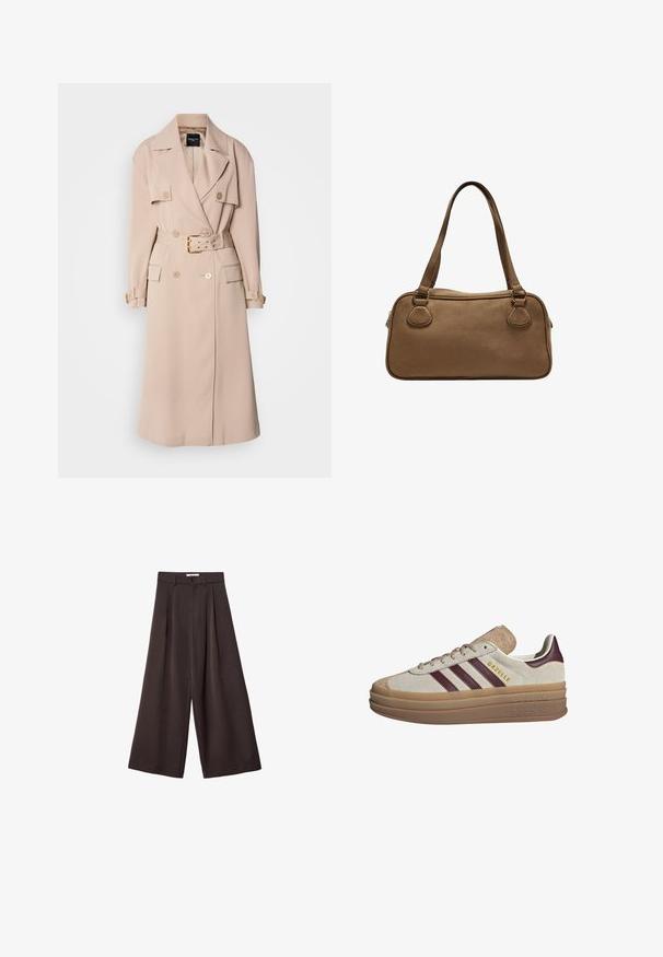 Bež plašč z dvojnim zapenjanjem, širokimi ovratniki, pasom in stranskimi žepi. Ima zlate nastavke in gladko teksturo.; Bela pletena pulover s pol-zip ovratnikom, širokimi rokavi in rebrastim robom. Ima teksturirano tkanino za dodatno dimenzijo.; Črne široke hlače z visokim pasom, ki vsebujejo sprednje nabore in z gumbom za zapiranje na pasu, izdelane iz gladkega materiala.; Beige ante čevlji s temno rdečimi črtami, belimi detajli, masivnim prozornim podplatom in povišano blagovno znamko na strani. Sponke za vezanje.; Rjava nubuk torbica z dvema zgornjima ročkama, z zadrgo in zaobljeno obliko. Ima svetlo rjavo šivanje in kovinske dodatke blizu ročk.