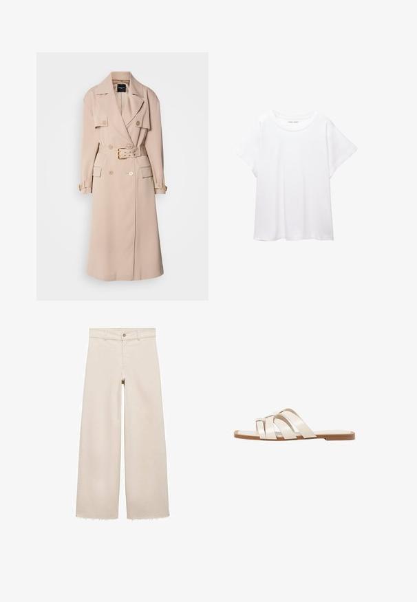 Beige trench coat med dobbeltræk design, brede revers, bælte i taljen og sidelommer. Har guldfarvede beslag og en glat tekstur.; Hvid T-shirt lavet af blødt, let stof. Har en rund halsudskæring og korte, brede ærmer med en afslappet pasform. Ingen synlige mønstre.; Beige brede bukser med høj talje, der har knaplukning, forlommer og flosset kant. Lavet af denim stof.; Flade sandaler med en lys gummisål, designet med tre overlappende hvide læderremme og en lille sløjfe detalje i midten.