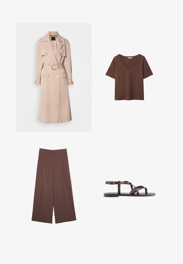 Beige trenchcoat med dubbelknäppning, breda slag, midjebälte och sidofickor. Har guldtonad hårdvara och en jämn yta.; Brun bomulls t-shirt med korta ärmar och djup V-ringning. Enkel design, mjuk textur och rak fåll. Inga mönster eller dekorationer.; Bruna vida byxor med en slät textur, som har hög midja och framfickor. Tyget är lätt och flödar löst.; Bruna lädersandaler med korsade remmar, spänne runt vristen och en platt sula med minimala sömnadsdetaljer.