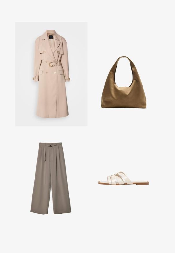 Cappotto beige con design doppiopetto, ampie rever, vita cintata e tasche laterali. Presenta accessori in tonalità dorata e una texture liscia.; T-shirt in cotone marrone con maniche corte e scollo a V profondo. Design semplice, texture morbida e orlo dritto. Senza fantasie o dettagli.; Pantaloni a gamba larga in un morbido tessuto grigio tenue, con vita con cintura e pieghe per un tocco di design aggiuntivo. Texture liscia, senza motivi.; Infradito con suola in gomma color talpa, progettate con tre cinturini in pelle bianca sovrapposti e un piccolo dettaglio a fiocco al centro.; Borsa a spalla in tessuto marrone con un corpo ampio e arrotondato e una grande maniglia a taglio. Texture morbida, design minimalista e senza hardware visibile.