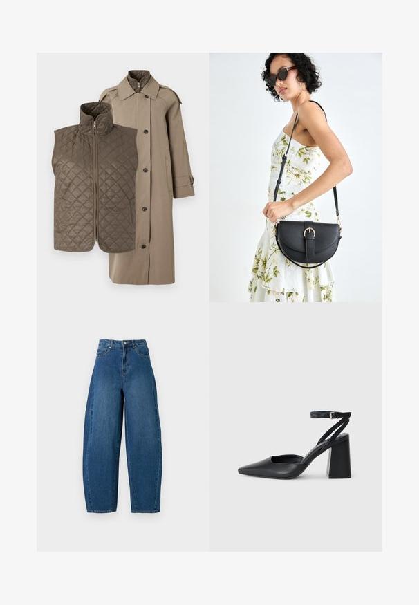 Bež plašč s prešito, temno rjavo zip vestom. Vest ima diamantski vzorec; plašč ima koničast ovratnik in sprednje gumbe.; ONLY ONLAIME MOXI LONG - Bluza z gumbi - fossil; Jeans iz denima v srednjem modrem pranju, z visokim pasom, širokim krojem nogavic in standardnim pet-imenskim dizajnom s vidnimi šivi.; Črne usnjene klasične čevlje z ostrim nosom, z zaponko za gleženj in debelim peto. Ravna tekstura, eleganten dizajn in minimalistična estetika.; Črna usnjena torbica s ukrivljeno obliko, z odstranljivo naramnico in zlatimi dodatki. Torbica ima pokrov s podrobnostmi v obliki zaponke.