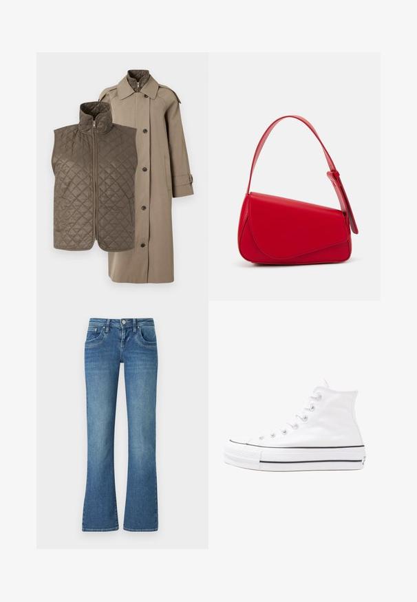 Tan trenchcoat med en quiltet, mørkebrun lynlåsvest. Vesten har et diamantmønster; frakken har en spidse krave og knaplukning foran.; Blomsterbluse med lange puffærmer, lys cremefarvet base, prydet med lilla, orange og grønne blomster mønstre samt klassisk krave design.; Lysblå flared jeans lavet af denim, med fem lomme design, kontrast syninger og en knaplukning i taljen.; Hvide høje kanvas sneakers med sort gummisål, gummitåhætte foran og seks øjehuller til snørebånd, der har et rent, minimalistisk design.; Rød læderhåndtaske med et kantet, geometrisk design. Har en enkelt justerbar rem og en klaplukning med syede detaljer.