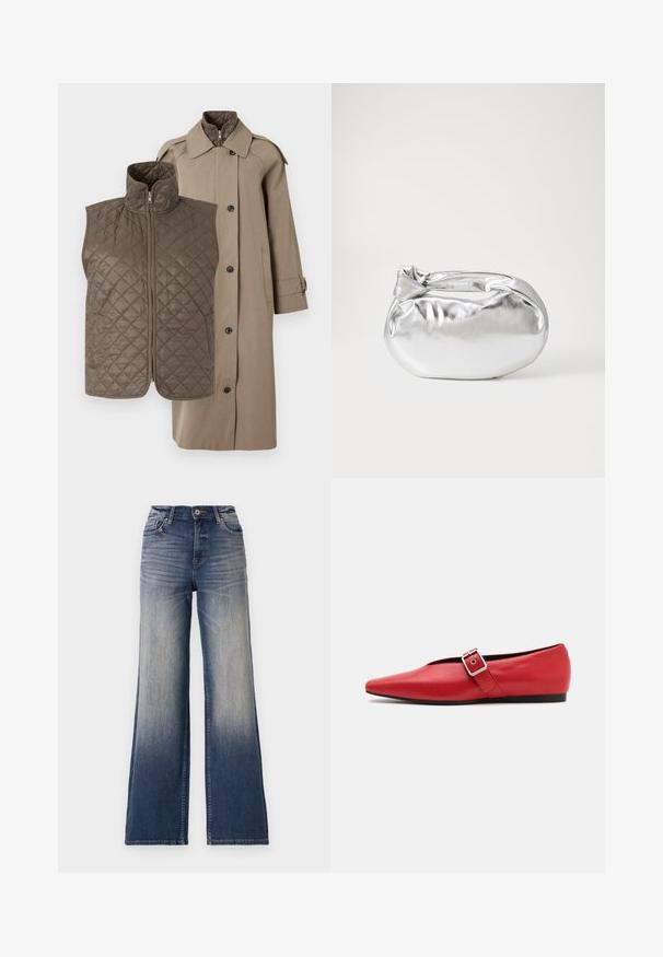 Beige trench coat with a dark brown quilted zip vest. The vest has a diamond pattern; the coat has a pointed collar and button front.; Valkoinen hihaton toppi, joka on valmistettu ribbikankaasta, ja jossa on pyöreä pääntie ja tiukka siluetti, minimaalisin saumoin ja ilman koristeita.; Korkeavyötäröiset leveälahkeiset farkut vaaleansinisestä tummansiniseen denimmateriaaliin, joissa on haalistumia. Farkuissa on nappihyrrä ja vyölenkit. Siisti helma eikä näkyviä koristeluita.; Punainen nahkainen tasapohjainen kenkä, jossa on terävä kärki, sivuhihna metalli soljella ja matala musta korko. Tasainen pintakäsittely.; Hopeapintainen metallinen pussilaukku, jolla on pehmeä, pyöreä muoto ja solmittava yläosa. Valmistettu sileästä tekonahkamateriaalista.; Hopehope hopeilla, joissa on minimalistinen muotoilu. Pyöreä muoto, sileä pinta ja ohut profiili. Kevyet ja kiillotetut.
