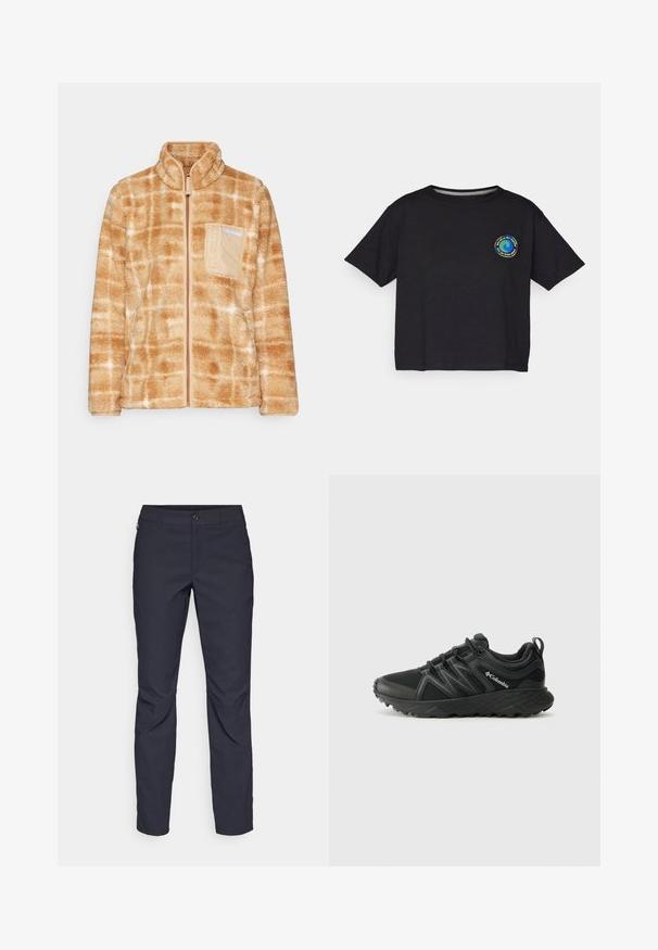 Fleece jacket in tan with a grid pattern, featuring a zip front and a chest pocket in a lighter tan with branding. Soft texture.; Black cotton short-sleeve T-shirt featuring a circular multicolored logo on the chest. Straight hem and relaxed fit.; Navy blue pants made of smooth fabric, featuring a front button closure, slim-fit design, and creased detailing at the knees.; Columbia PEAKFREAK - Hiking shoes - black