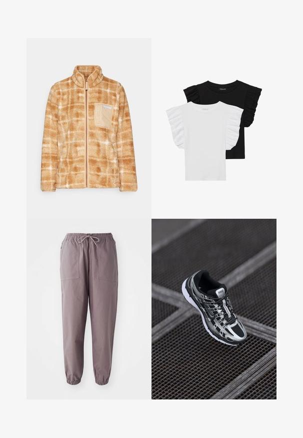 Tan spalvos flisinė striukė su tinklelio raštu, su užtrauktuku priekyje ir krūtinės kišene šviesesnės tan spalvos su ženklinimu. Minkšta tekstūra.; Du šviesūs marškiniai trumpomis rankovėmis: vieni juodi su pūstomis rankovėmis, kiti balti su pūstomis rankovėmis. Abu pagaminti iš lengvos medvilnės audinio.; Pilki elastiniai kelnių su raišteliu, su dviem priekinėmis kišenėmis ir siaurėjimu kulkšnių lygyje, pateikti prieš baltą foną.; Nike bėgimo bateliai su juodos ir sidabrinės spalvų schema, tinklinis viršus, tekstūruota padas ir raištelių sistema saugiam prigludimui.