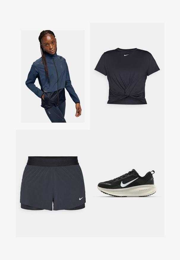 Marineblå vindjakke med et cropped design, der har lynlåslukning, lange ærmer og reflekterende detaljer. Materialet ser glat og letvægtigt ud.; Sort atletisk t-shirt lavet af glat stof, med et knyttet frontdesign og et lille hvidt Nike-logo på brystet.; Sort træningsshorts med elastisk talje, der har et lagdelt design og et lille hvidt Nike-logo nederst til venstre. Letvægtsmateriale.; Sort Nike løbesko med åndbart mesh-overdel, hvidt swoosh-logo, tekstureret detaljering og en cremede ZoomX mellemsål.