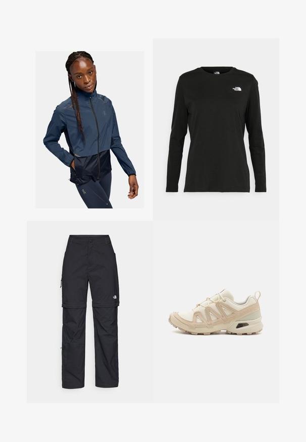 Rompevientos de marina con un diseño recortado, que presenta un cierre con cremallera, mangas largas y acentos reflectantes. El material parece suave y liviano.; Camiseta de manga larga negra de algodón con cuello redondo. Presenta un pequeño logotipo blanco en la parte izquierda del pecho. Diseño y ajuste simples.; Pantalones cargo de nailon negro con cremallera desmontable, puños ajustables, múltiples bolsillos y un logotipo en la pierna derecha. Textura suave y ligera.; Zapatilla deportiva beige y crema con parte superior de malla texturizada, superposiciones de soporte y suela de goma con un patrón de tracción.