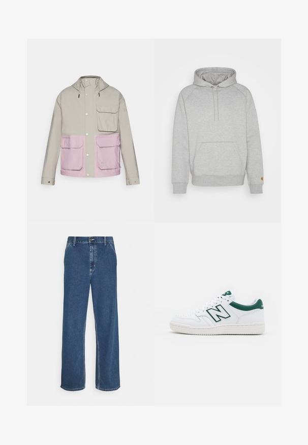 Svetlo šedá nepremokavá bunda s ružovou dolnou časťou, dvoma prednými vreckami a kapucňou; obsahuje cvoky a nastaviteľné šnúrky.; Sivá mikina s kapucňou a klokankou, s rebrovanými manžetami a lemom, s logom na ľavom rukáve. Mäkká textúra látky.; Modré džíny z denimu so rovnými nohavicami, dizajnom so piatimi vreckami, kovovým zapínaním a viditeľným šitím pozdĺž švov a lemu.; Biele tenisky s zelenými akcentmi, kožený zvršok, perforovaná špička, šnúrkový uzáver a štruktúrovaná gumová podrážka. Obsahuje výrazné logo "N".