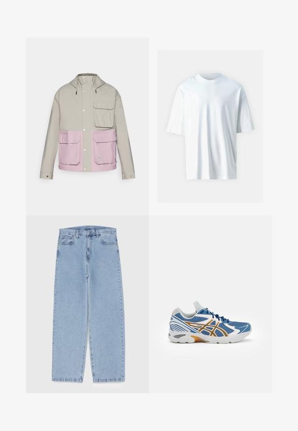 Light gray waterproof jacket with a pink lower section, two front pockets, and a hood; features snap buttons and adjustable drawstrings.; White short-sleeve t-shirt made of soft cotton. Features a round neckline, relaxed fit, and smooth texture. No visible patterns or accents.; Light blue denim jeans with straight leg design, featuring a mid-rise waist, five pockets, and a button and zipper closure.; Blue athletic shoe with mesh upper, white and orange accents, cushioned midsole, and textured rubber outsole. Features lace-up design.