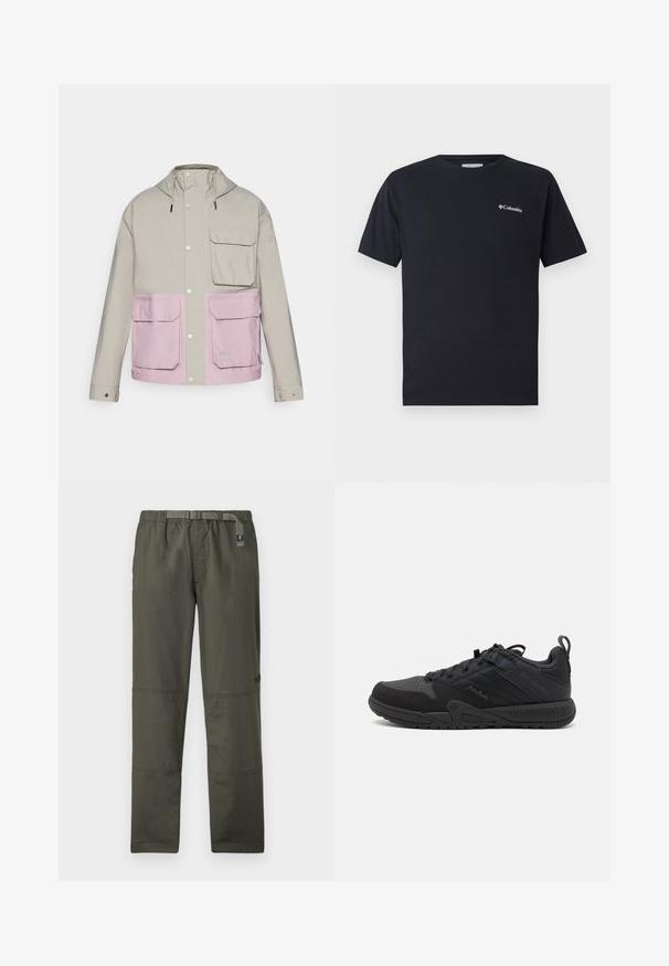 Svetlo šedá nepremokavá bunda s ružovou dolnou časťou, dvoma prednými vreckami a kapucňou; obsahuje cvoky a nastaviteľné šnúrky.; Čierne tričko s krátkym rukávom vyrobené z bavlny, s malým bielym logom Columbia na ľavej hrudi. Klasický okrúhly výstrih a voľný strih.; Zeleno-olivové, ľahké cargo nohavice s elastickým pásom, nastaviteľným opaskom a viacerými vreckami; hladká textúra a zosilnené švy.; Čierna atletická topánka s vrchnou časťou z textilu a semišu, s vystuženými časťami, zaoblenou špičkou, textúrovanou podrážkou a vytiahnuťom na päte.