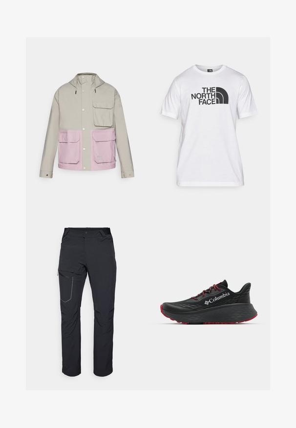 Giacca impermeabile grigia chiara con una parte inferiore rosa, due tasche anteriori e cappuccio; dotata di bottoni a pressione e cordini regolabili.; T-shirt bianca in cotone con stampa grafica nera che presenta testo e un design del logo curvo. Collo rotondo e maniche corte. Texture semplice.; Pantaloni neri da esterno con tasca a zip sulla coscia, cintura elastica e tessuto liscio, resistente all'acqua. Design pulito senza loghi visibili.; Scarpa sportiva nera con tomaia testurizzata, lacci rossi e logo. Suola spessa con battistrada a righe per una buona aderenza. Design minimalista, vista laterale.