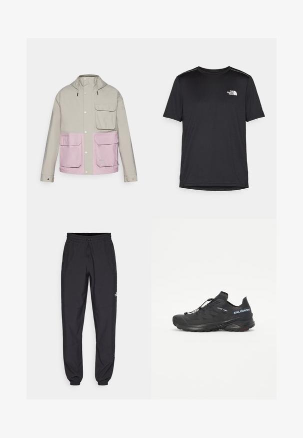 Gaišs pelēks ūdensnecaurlaidīgs mētelis ar rozā apakšējo daļu, divām priekšējām kabatām un kapuci; ir pogas ar spiedpogu un regulējami auklas.; Melnas īsām piedurknēm T-kreklas, izgatavots no viegla auduma. Uz kreisā krūtīm ir neliels balts logo un smalki plecu akcenti.; Melni sporta bikses, kas izgatavotas no viegla auduma, ar savelcamu jostu, sānu kabatām un sašaurinātiem apakšējiem galiem pie potītēm.; Melna taku skriešanas apava ar teksturētu augšdaļu, elastīgām auklām un Contagrip zoli. Iekļauj ciešu piegulšanu un aizsargājošu pirkstu daļu.