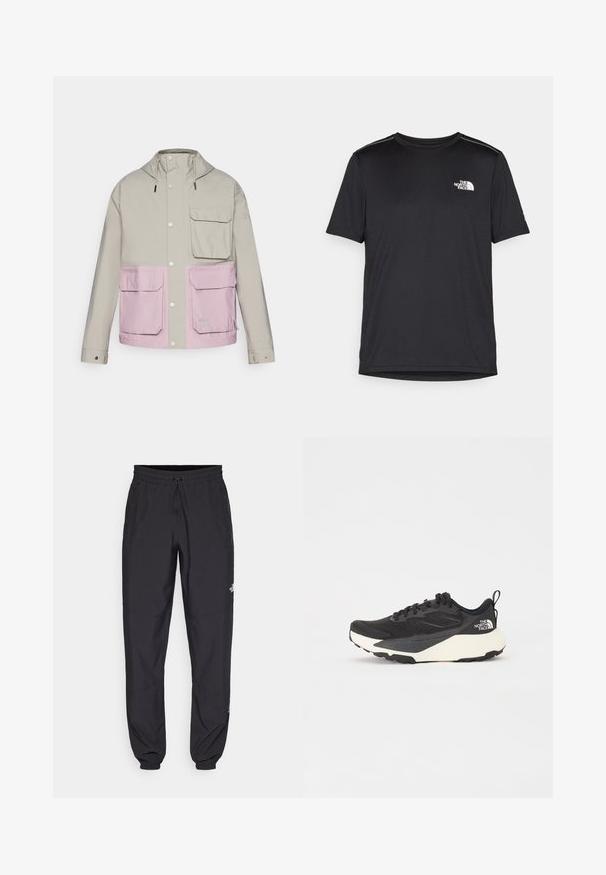 Šviesiai pilkas vandeniui atsparus švarkas su rožine apatine dalimi, dviem priekinėmis kišenėmis ir kapišonu; turi spaustukus ir reguliuojamus raištelius.; Juodas trumpas rankovės marškinėliai, pagaminti iš lengvos medžiagos. Yra mažas baltas logotipas kairiajame krūtinės pusėje ir subtilūs pečių akcentai.; Juodos sportinės kelnės, pagamintos iš lengvos medžiagos, su raišteliu liemens srityje, šoniniais kišenėmis ir siaurėjantys apykaklės prie kulkšnies.; Juodas sportinis batelis su tekstūruotu tinkleliu, solidžiai juodais akcentais ir lengvu baltu padu. Yra raištelių uždarymas ir trauktukas.