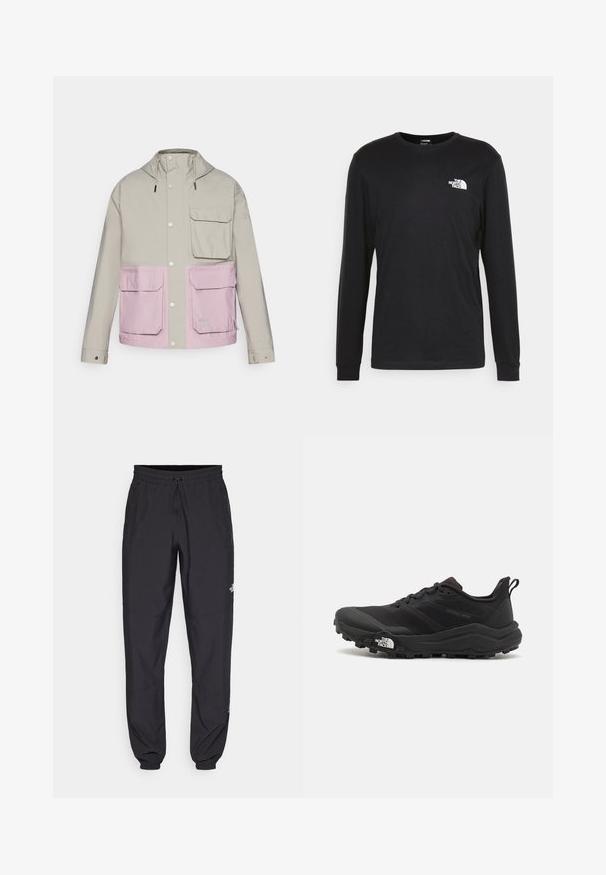 Gaišs pelēks ūdensnecaurlaidīgs mētelis ar rozā apakšējo daļu, divām priekšējām kabatām un kapuci; ir pogas ar spiedpogu un regulējami auklas.; Melnā garenā piedurkņu T-kreklā, kas izgatavots no kokvilnas, kreklā ir balts logo uz kreisā krūšu laukuma un ribotās aproces. Tam ir gluda tekstūra un apaļa izgriezuma forma.; Melni sporta bikses, kas izgatavotas no viegla auduma, ar savelcamu jostu, sānu kabatām un sašaurinātiem apakšējiem galiem pie potītēm.; Melnas taku skriešanas kurpes ar teksturētu virsu, gumijas zoli un pastiprinātu pirkstu daļu. Aprīkotas ar mīkstu apkakli un vilkšanas cilpu, lai viegli uzvilktu.