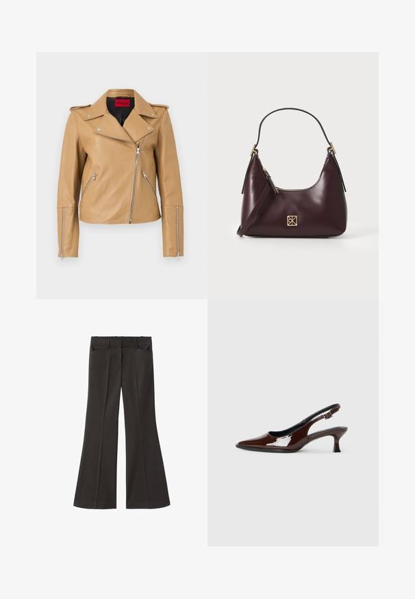 Jachetă de motociclist din piele maro deschis, cu fermoare argintii, guler cu alezare și buzunare laterale. Are un design ajustat și o textură netedă. Branding HUGO în interior.; Top cu mânecă lungă dintr-un material maro închis cu o textură netedă, având drapaje laterale și un decolteu rotund. Fără modele sau accente prezente.; Pantaloni evazați negri, cu talie înaltă; au două buzunare frontale și o textură de stofă netedă. Potriviți pentru diverse ocazii.; Pantofii slingback din piele patent maro, cu vârful ascuțit și un toc moderat. Prezintă o curea cu prindere pentru o potrivire sigură. Textură netedă.; Geantă de mână din piele burgundă, cu o formă curbată, accente aurii pe feronerie și închidere cu fermoar. Dispune de o curea de umăr detașabilă.
