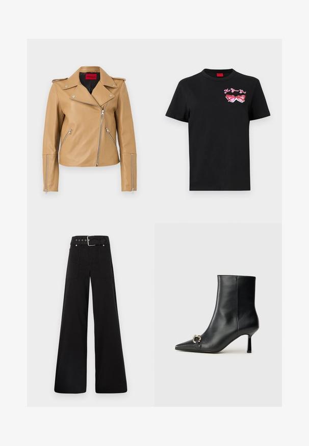 Hnedá kožená motorkárska bunda so striebornými zipsami, klopovým golierom a bočnými vreckami. Má priliehavý strih a hladkú textúru. Vnútri je značka HUGO.; Čierne bavlnené tričko s krátkymi rukávmi s ružovou grafikou slnečných Okulárov a textom "Nie som tvoja dievčina" na ľavej strane hrudníka.; Čierne nohavice so širokými nohavicami vyrobené z bavlny, s vysokým pásom, veľkými bočnými vreckami a opaskom s prackou so striebornými detailmi.; Čierna kožená členková obuv s špicatou špičkou, štíhlým stredne vysokým podpätkom a striebornou sponou na boku na jednoduchom pozadí.