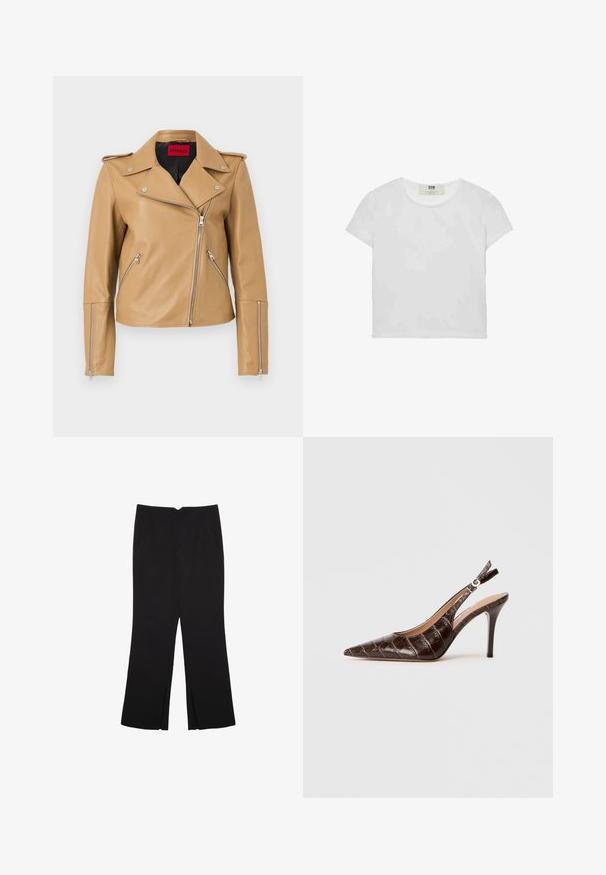 Brun læder bikerjakke med sølvfarvede lynlåse, klippet krave og sidelommer. Har et tætsiddende design og en glat tekstur. HUGO branding indeni.; Kortærmet, rundhalset hvid t-shirt lavet af blød bomuld, med et simpelt, rent design uden synlige mønstre eller accenter.; Sorte bukser med lige pasform, der har frontlommer og slidser i kanten. Lavet af blødt, glat stof. Velegnet til forskellige anledninger.; Brun, krokodillepræget læder slingback-pumpe med spids tå, åbne sider og en tynd høj hæl. Designet med en spændejustering.