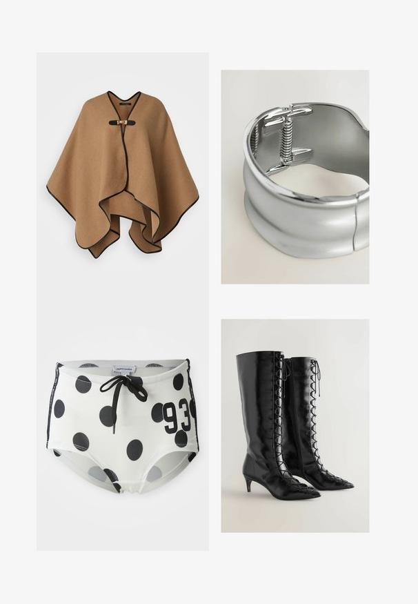Poncho en laine marron avec des bordures noires, muni d'une fermeture à agrafe au centre et d'un design fluide, créant un effet superposé.; Chemise blanche à manches longues, avec un col classique, une coupe structurée et des coutures verticales discrètes pour un détail supplémentaire.; Shorts de bain à pois noirs et blancs avec une taille à cordon de serrage, portant le numéro "93" à l'avant et fabriqués dans un tissu lisse et extensible.; Bottes noires montantes en cuir verni avec un bout pointu, présentant des détails de lacets sur les côtés et un design à petit talon.; Bracelet en métal argenté avec une surface lisse, comportant un mécanisme à ressort et une finition polie et réfléchissante. Aucun motif visible.