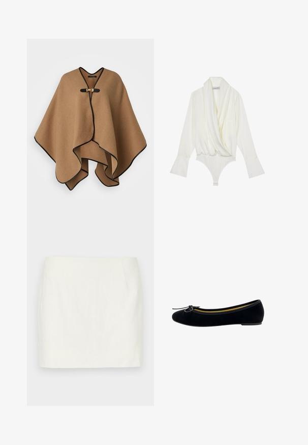 Brauner Wollponcho mit schwarzem Saum, ausgestattet mit einem mittigen Verschluss und einem fließenden Design, das einen geschichteten Effekt erzeugt.; Weißer Langarm-Bodysuit mit drapiertem Frontteil, taillierter Passform, ausladenden Manschetten und Druckknopfverschluss am unteren Ende. Hergestellt aus glattem Stoff.; Weißer Leinen-Minirock mit geradem Schnitt, ausgestattet mit seitlichen Taschen und einer glatten Textur. Keine sichtbaren Muster oder Akzente.; Schwarze Samt-Ballerinas mit runder Zehenpartie, einer kleinen Schleifenapplikation auf der Vorderseite und einem kontrastierenden gelben Innenfutter.