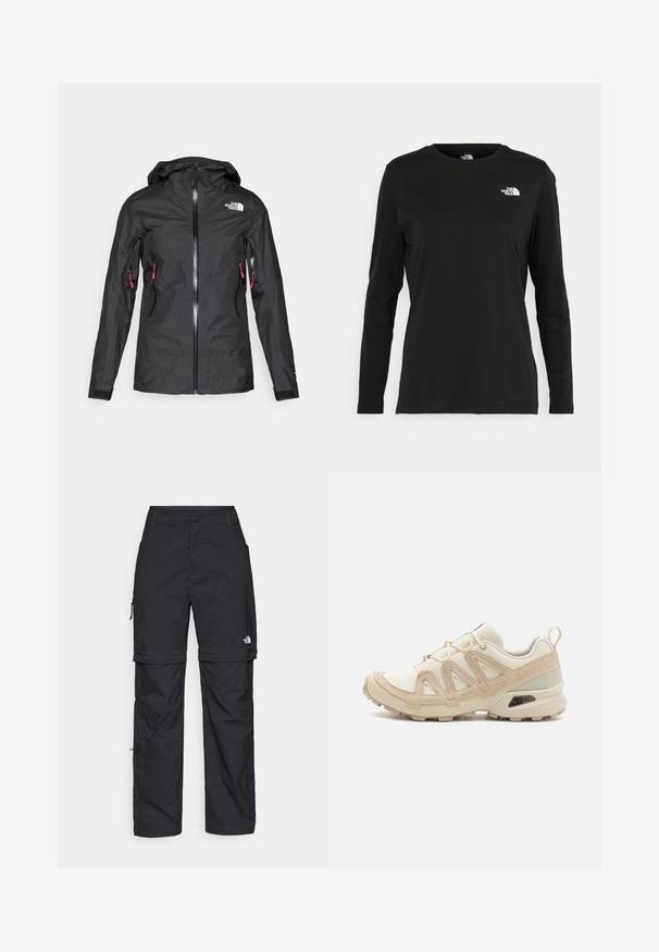 Veste imperméable noire avec capuche, dotée d'une fermeture éclair avant et de deux poches latérales avec des zips roses. Conçue en matériau lisse et léger.; T-shirt noir à manches longues en coton avec un col rond. Présente un petit logo blanc sur la partie gauche de la poitrine. Design et coupe simples.; Pantalons cargo en nylon noir, à zip amovible, avec chevilles ajustables, plusieurs poches et un logo sur la jambe droite. Texture lisse et légère.; Baskets de sport beiges et crème avec une tige en mesh texturé, des superpositions de soutien et une semelle en caoutchouc dotée d'un motif de crampons pour une traction.