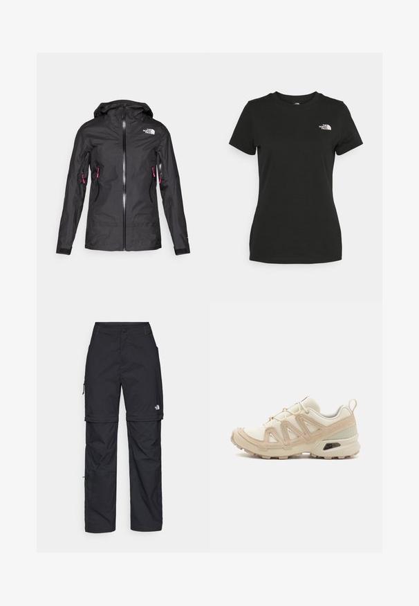 Giacca impermeabile nera con cappuccio, dotata di una chiusura frontale con zip e due tasche laterali con zip rosa. Realizzata in materiale morbido e leggero.; T-shirt in cotone nero con collo a giro e maniche corte. Logo bianco ben visibile sulla parte superiore sinistra. Tessuto liscio, vestibilità casual.; Pantaloni cargo in nylon nero con zip rimovibile, polsini regolabili, molteplici tasche e un logo sulla gamba destra. Tessuto liscio e leggero.; Scarpa atletica beige e crema con tomaia in mesh testurizzato, sovrapposizioni supportive e suola in gomma con un motivo a tasselli per la trazione.