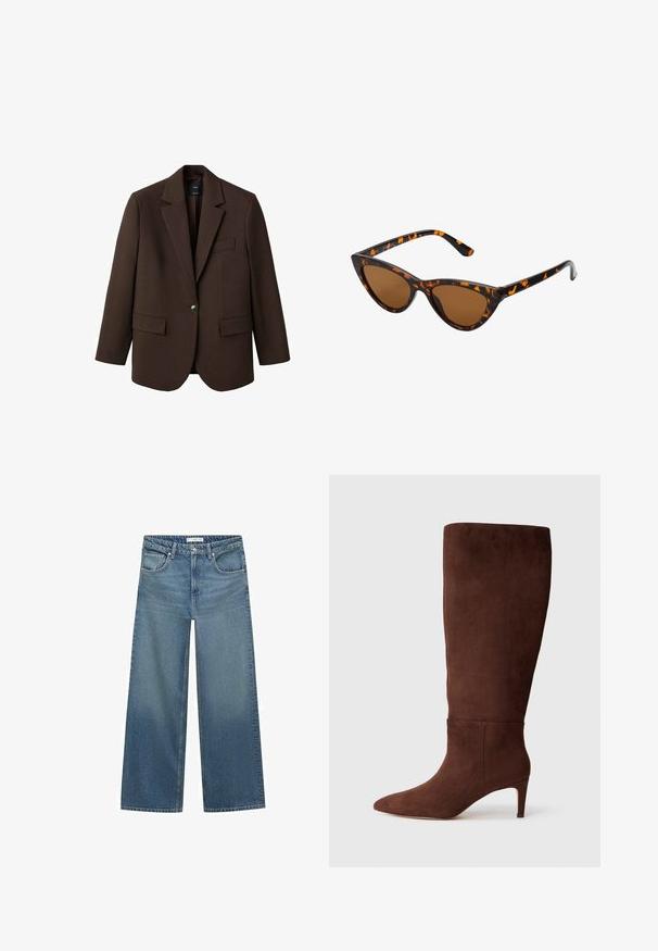 Brown blazer with a notched lapel, single button closure, two front pockets, and a chest pocket. Made from smooth fabric, featuring a tailored design.; Brown knit sweater with a round neckline, dropped shoulders, and ribbed cuffs. Soft texture, cropped design, and loose fit.; Light blue wide-leg jeans made from denim, featuring a mid-rise waist, two front pockets, and classic stitching details.; Brown suede knee-high boot with a pointed toe and a stiletto heel. Smooth texture and minimal design. No visible hardware or accents.; Cat-eye sunglasses with a black and orange tortoiseshell frame, brown lenses, and sleek, pointed tips. Features a minimal logo on the temple.; Brown crocodile-textured tote bag with two sturdy straps, rectangular shape, and smooth glossy finish; features a central seam detail.