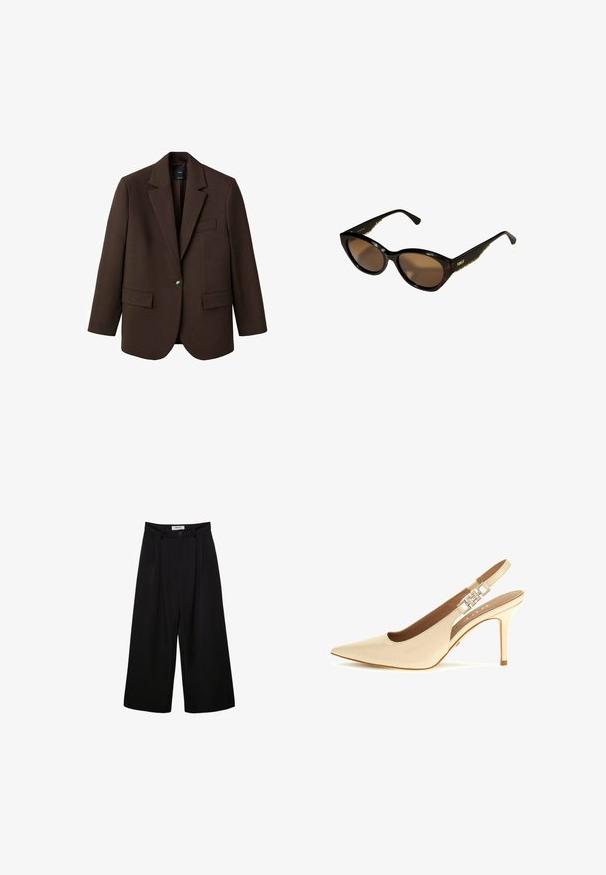 Brown blazer with a notched lapel, single button closure, two front pockets, and a chest pocket. Made from smooth fabric, featuring a tailored design.; Brown bodysuit with adjustable spaghetti straps and a lace trim on a deep V-neckline. Smooth texture, fitted design, and high-cut legs.; Black wide-leg trousers with a high waist, pleated front, and button closure. Made from smooth fabric with a tailored design.; Beige patent leather slingback pump with pointed toe, adjustable strap, and metallic accent detail on the heel. Thin high heel.; Black cat-eye sunglasses with brown lenses. Textured gold hardware on arms. Smooth plastic frame with a glossy finish.