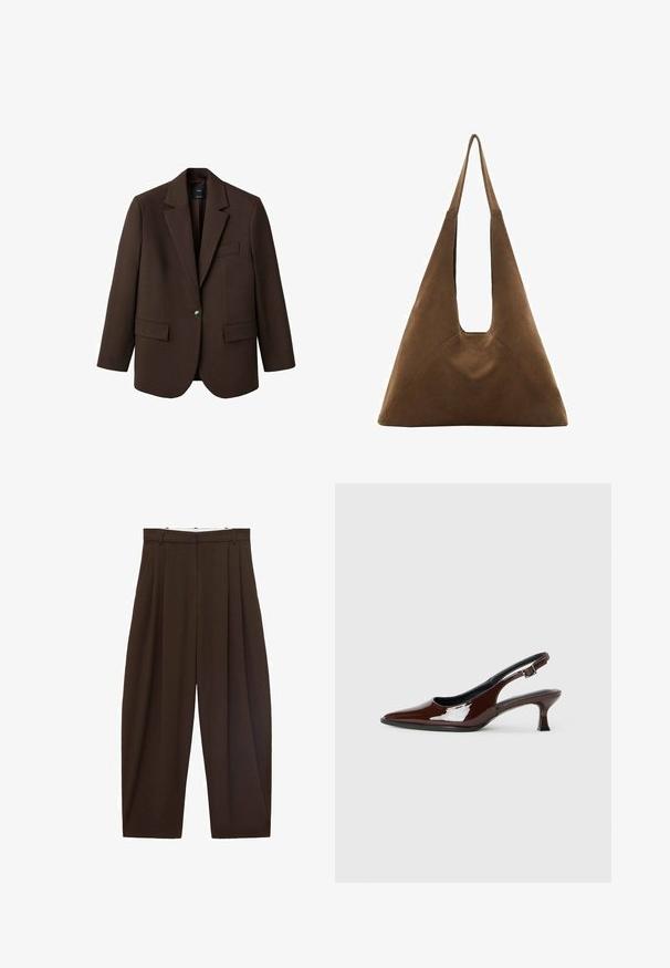 Brun kavaj med slag, enknapplåsning, två framfickor och en bröstficka. Tillverkad av ett slätt tyg och har en skräddarsydd design.; Brun kortärmad t-shirt i mjukt tyg, med rund halsringning och avslappnad passform. Inga synliga mönster eller detaljer.; Bruna högmidjade byxor med veck, tillverkade av slätt tyg. Lätt lös passform, rak bendesign, med bältesöglor och dragkedja.; Brun lackläder slingback-sko med spetsig tå och en måttlig klack. Utrustad med en spännband för säker passform. Slät textur.; Brun mocka toteväska med en triangulär design, förlängda axelremmar och en stor öppen topp med ett utskärt handtag.