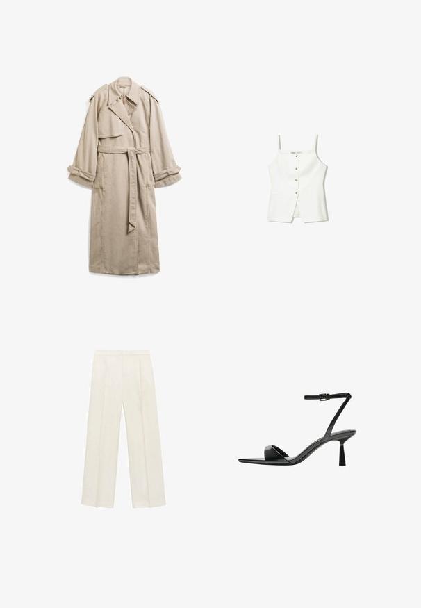Beige trenchcoat van katoen met een ceintuur in de taille, brede revers, schouderepauletten en opgerolde mouwen. Eenvoudig ontwerp met minimale details.; Witte mouwloze top met een knopenfront, zijzakken en een getailleerd ontwerp met een licht uitlopende zoom. Soepele textuur, minimale details.; Wijdgevallen broeken in een lichtcrème kleur. Gemaakt van een zachte stof met plooien aan de voorkant en zijzakken.; Bershka Sandalen met hoge hak - black